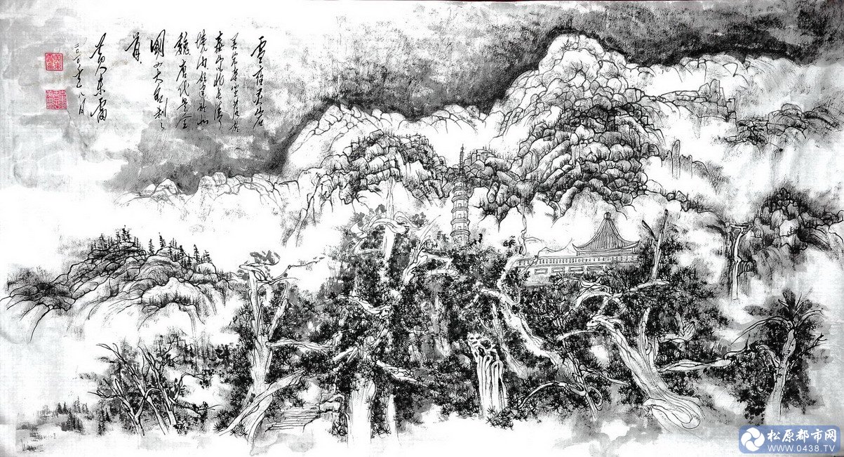 黄东雷水墨画《雪夜灵岩》.JPG